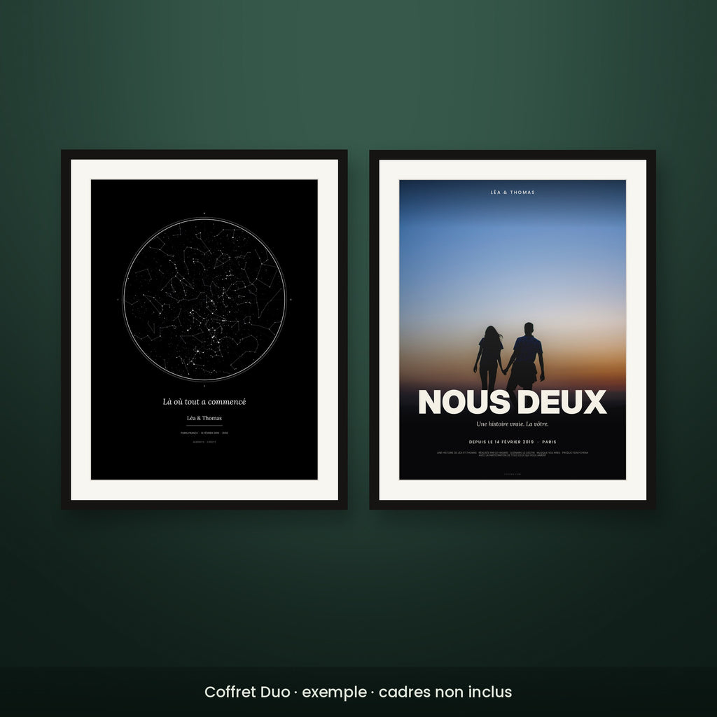 Coffret Duo – carte du ciel Noir minuit et affiche film, exemple encadré