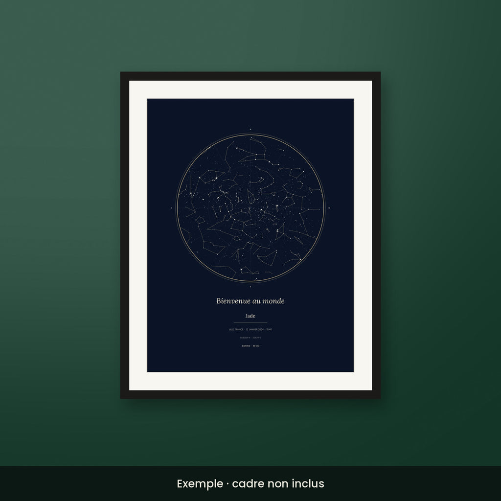 Affiche de naissance personnalisée style Bleu nuit, ciel étoilé avec prénom, poids et taille