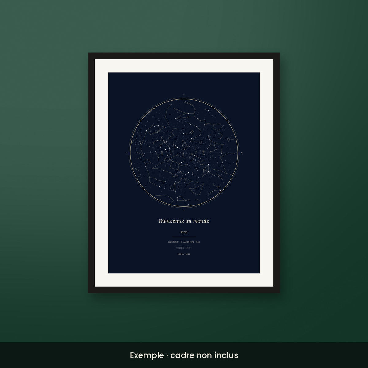 Affiche de naissance personnalisée style Bleu nuit, ciel étoilé avec prénom, poids et taille