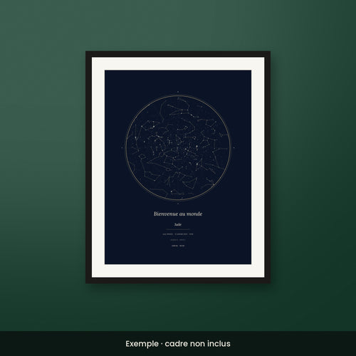 Affiche de naissance personnalisée style Bleu nuit, ciel étoilé avec prénom, poids et taille
