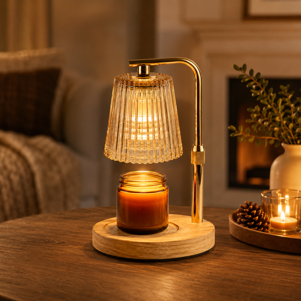Lampe chauffe-bougie FOYENA allumée au-dessus d'une bougie parfumée ambrée, ambiance chaleureuse sur une table en bois près d'une cheminée