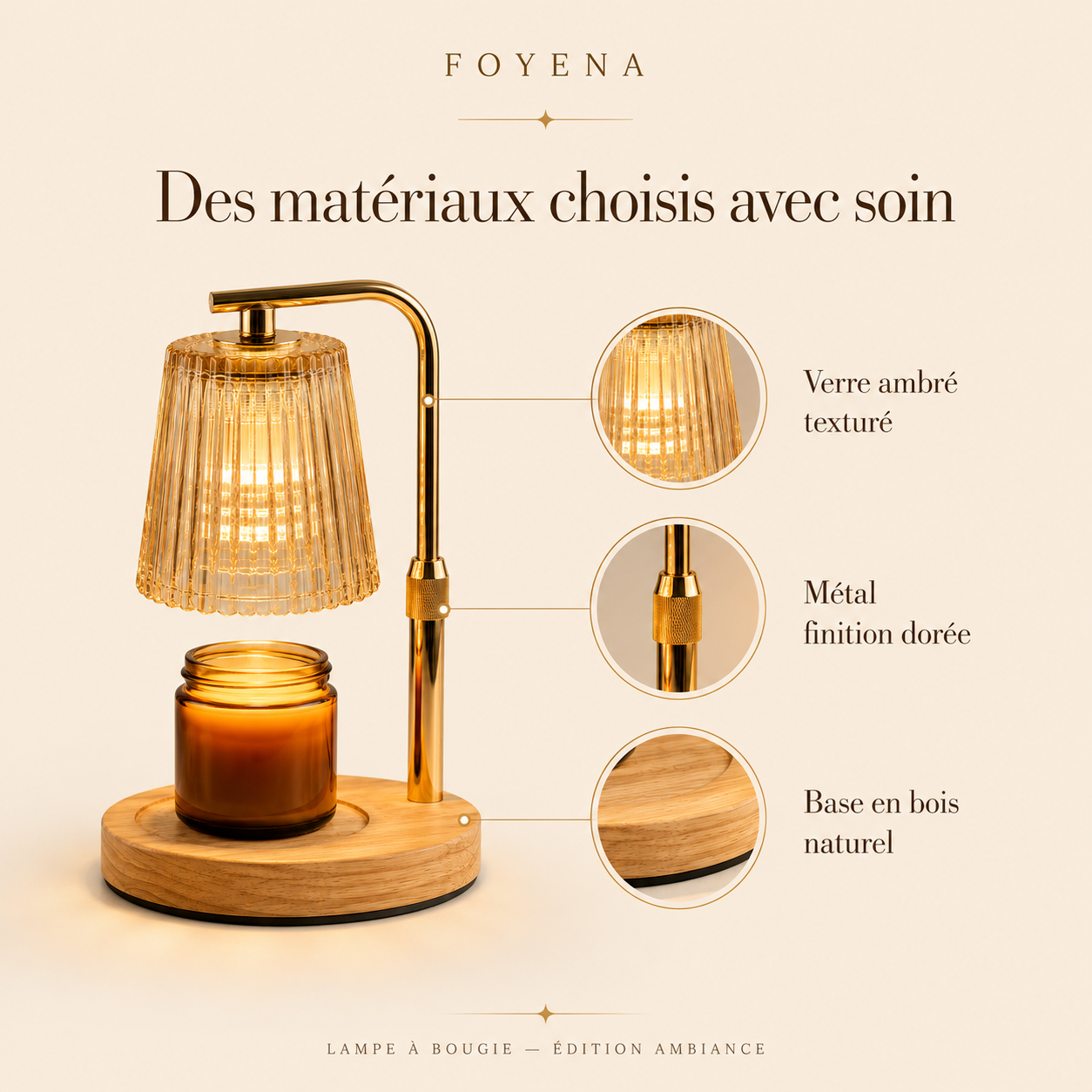 Détail des matériaux FOYENA : verre ambré texturé, métal à finition dorée et base en bois naturel